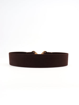 Brown elasticated waist belt with geometric gold buckle detail