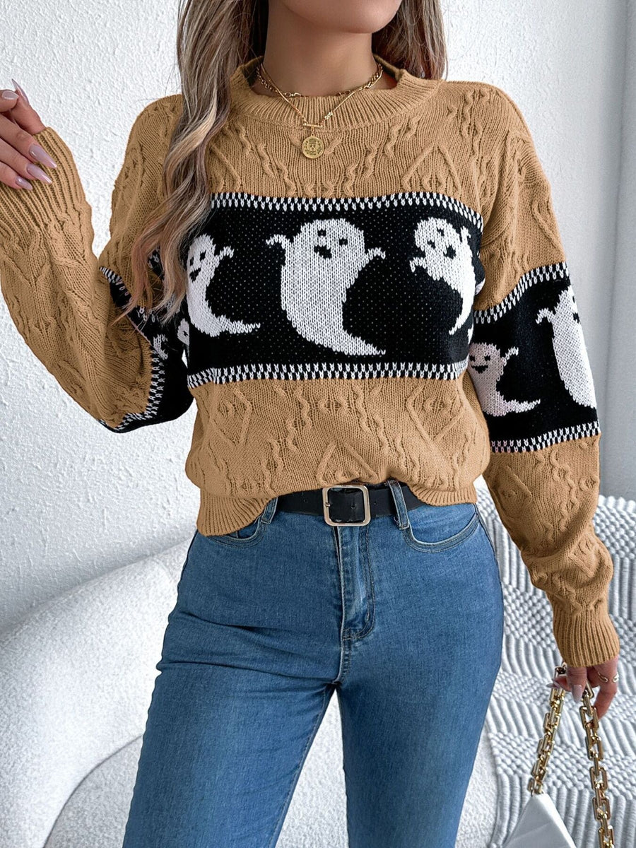 Halloween Ghost Pattern Textured Sweater in Orange with cable-knit