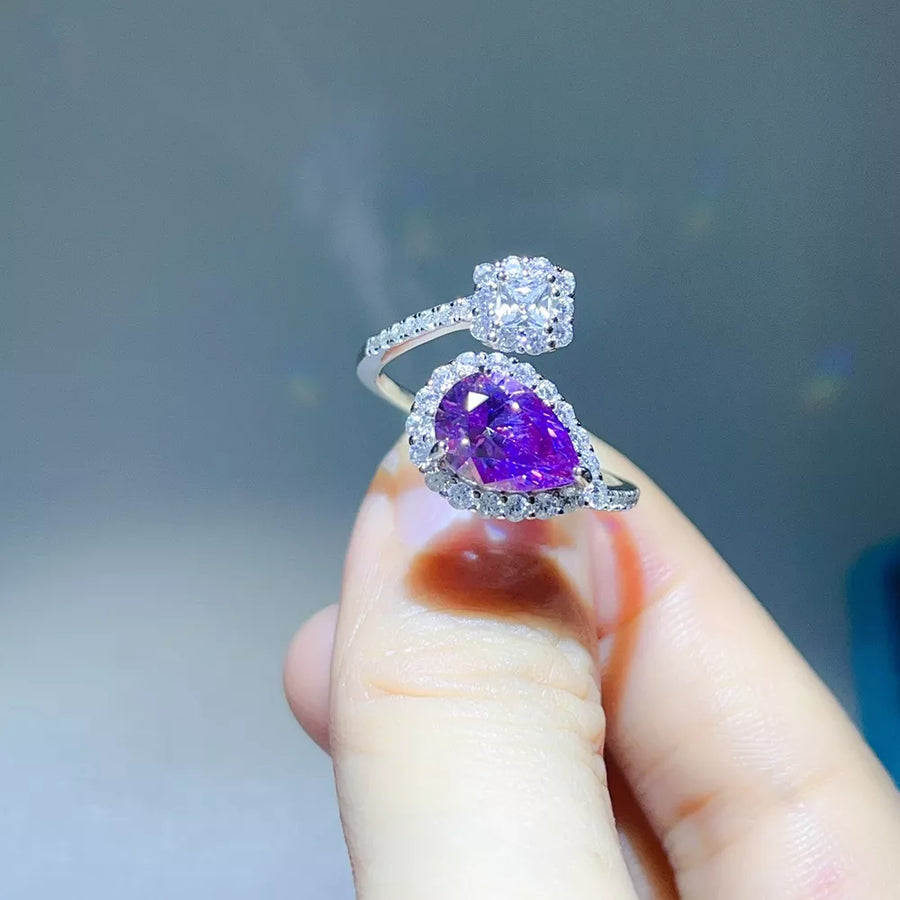 925 sterling silver,Moissanite Carat weight: 2ct Care instructions: Avoid wearin ring in purple with bypass silhouette