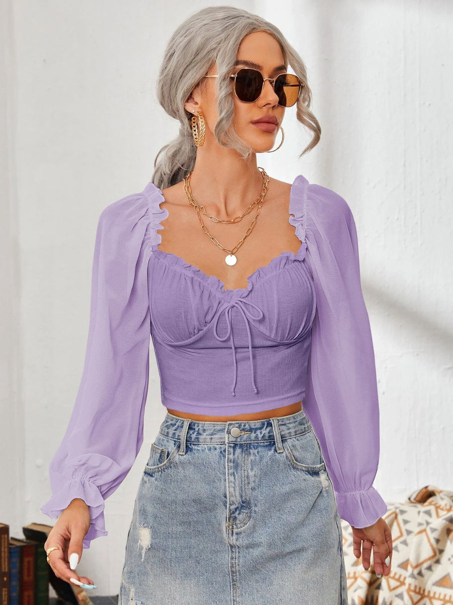 Purple bustier sleeve blouse with sweetheart neckline and tie front detail
