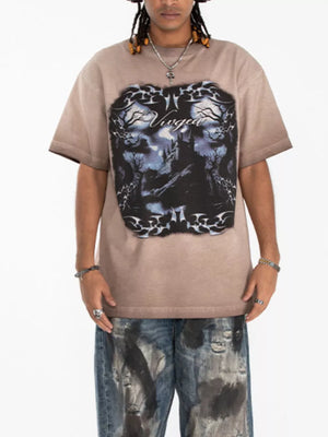 taupe t-shirt with graphic print and crew neck