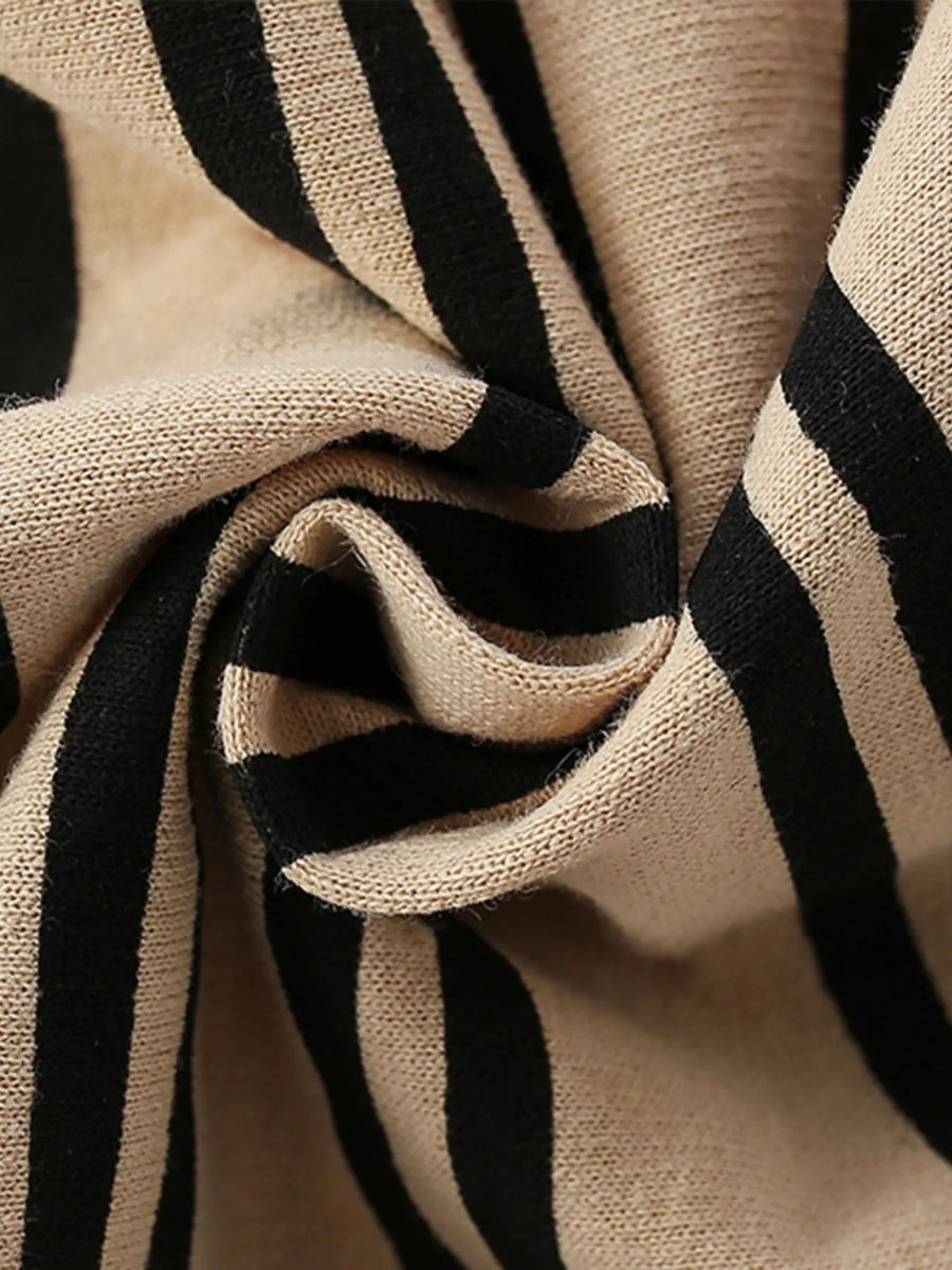 Tan cotton crew neck sweatshirt with black stripes