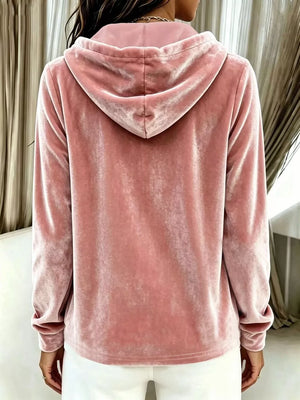 Full Size Drawstring Button Detail Hoodie in Navy with hooded
