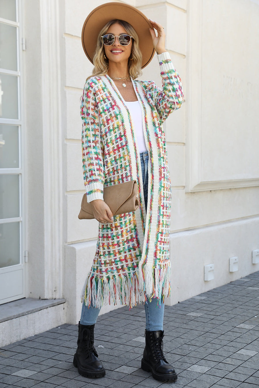 Chromatic crochet maxi cardigan with fringe detail in Multi color, acrylic material.