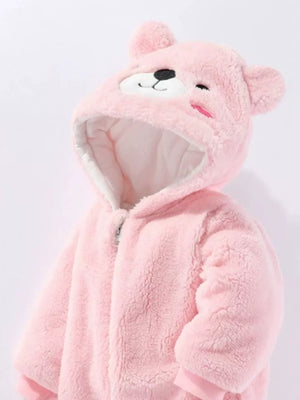 Pink bear hooded fleece one-piece snowsuit with embroidered face details.