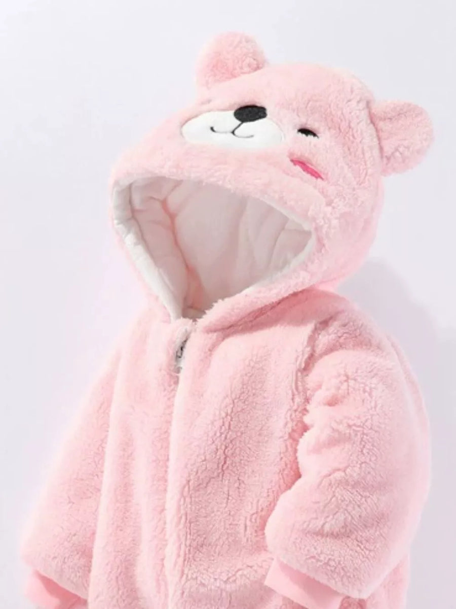 Pink bear hooded fleece one-piece snowsuit with embroidered face details.