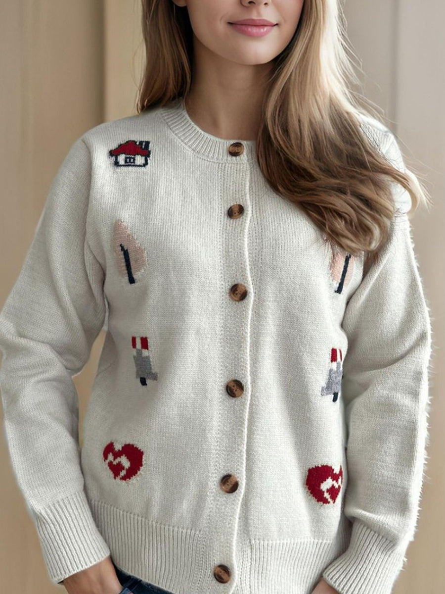 White acrylic button-up cardigan with embroidered storybook motifs like houses and hearts.