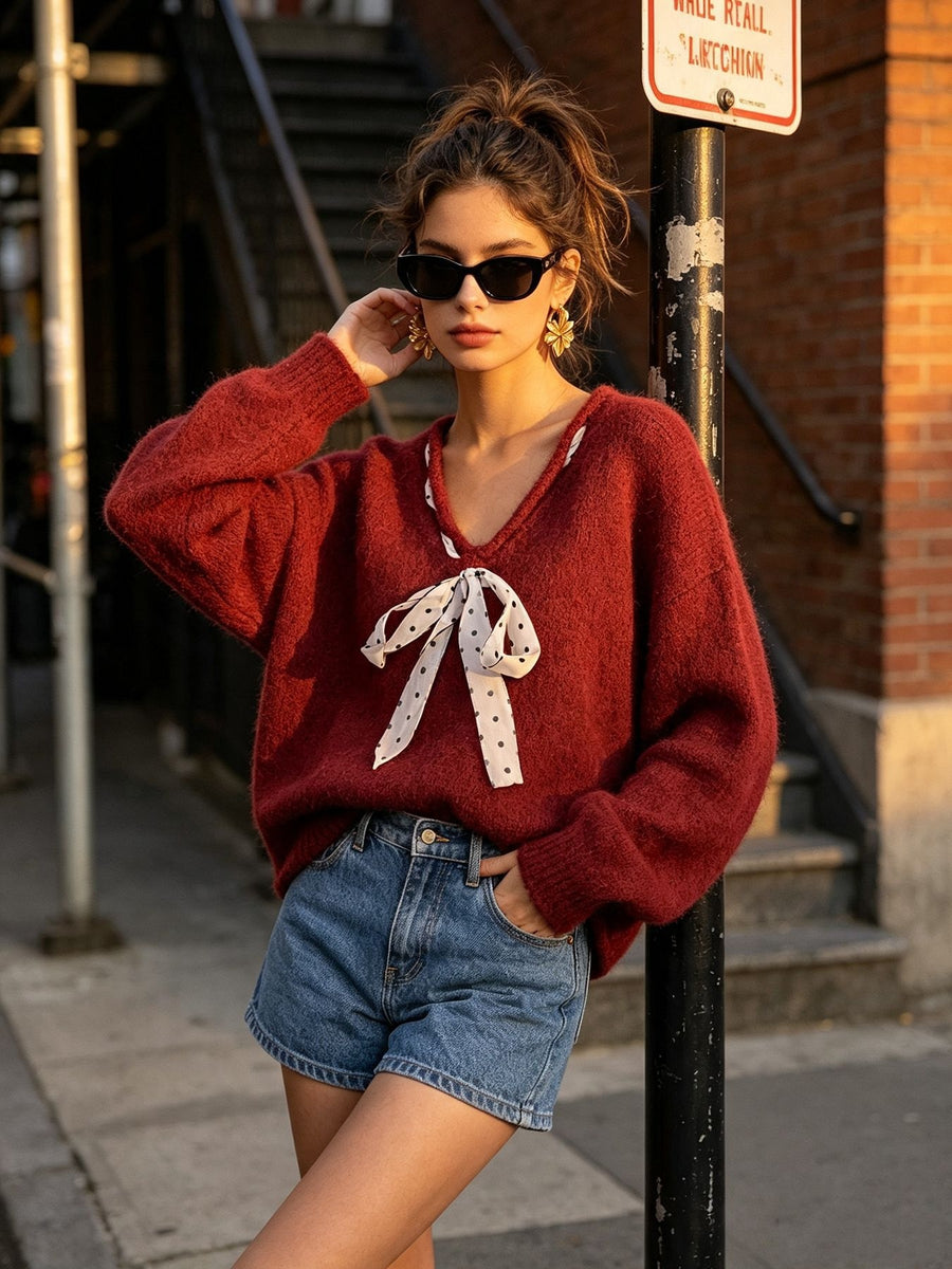 Chic V-Neck Sweater With Polka Dot Ribbon Tie in Apricot Color