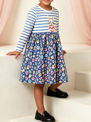 royal blue A-line dress featuring long sleeves and floral