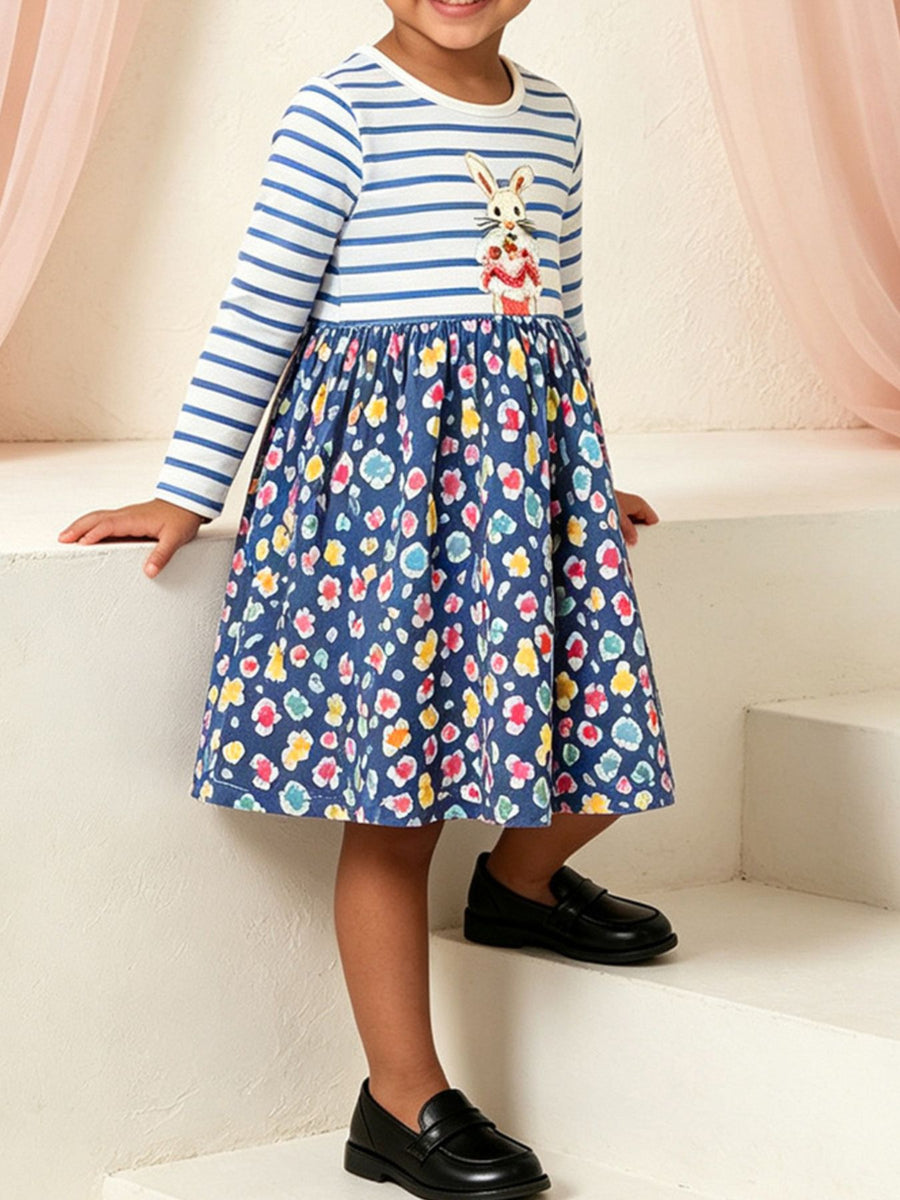 royal blue A-line dress featuring long sleeves and floral