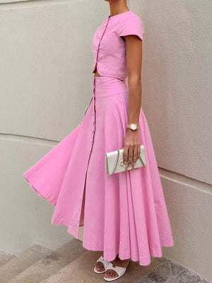 Cap Sleeve Button-down Crop Top And Midi Skirt Set in Light Purple with buttoned