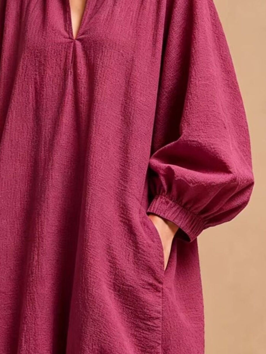 Casual Loose-Fit Balloon Sleeve Mini Dress in Terracotta