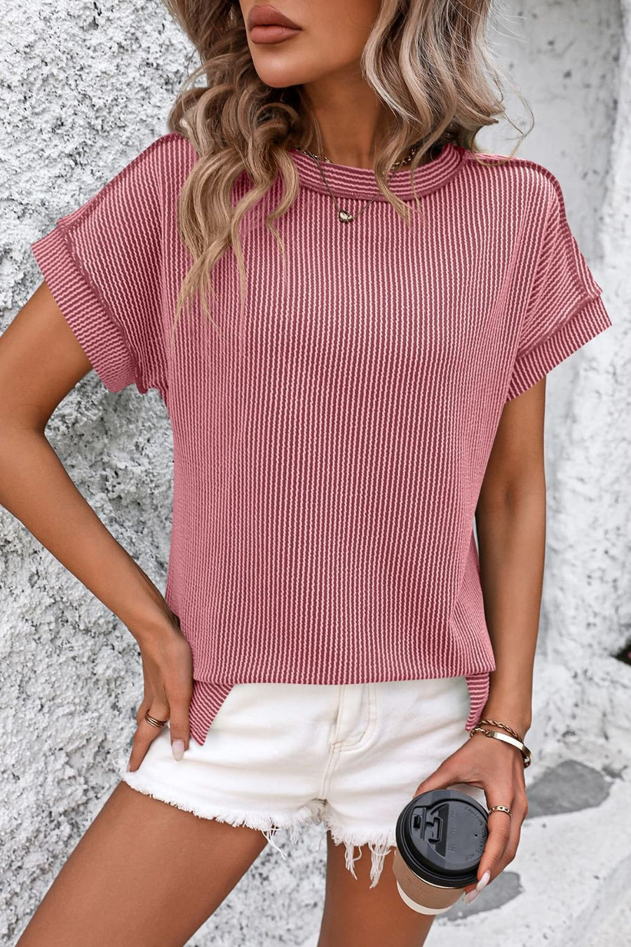 Vertical ribbed tunic tee with split hem in Dark Gray