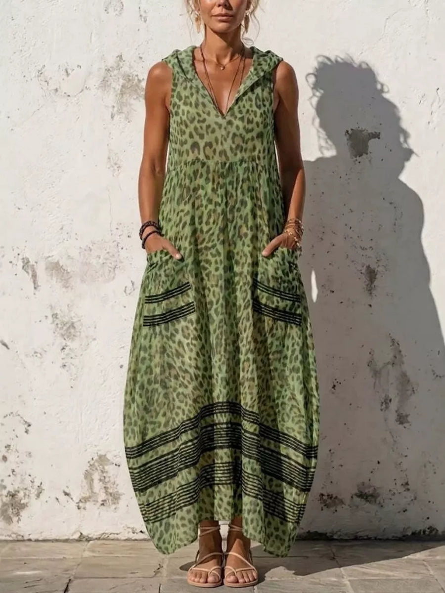 Yellow Sleeveless Hooded Leopard Print Maxi Dress