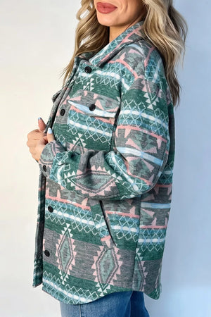 shacket featuring geometric in Sage with 100% polyester Care instructions: Machine wash cold texture