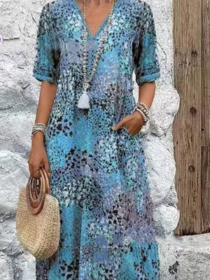 teal midi dress with abstract-print and v-neck