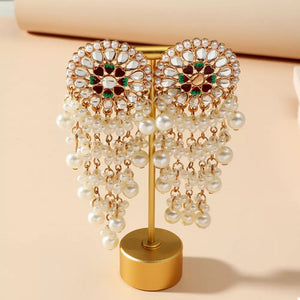 Lustrous pearl fringe statement earrings with gold alloy and colorful accents.