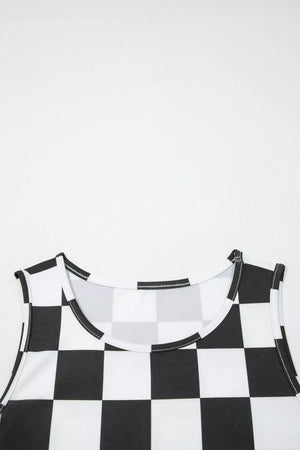 Graphic checkerboard seamless tank top with scoop neck and polyester fabric.