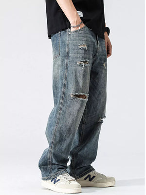 Men's Distressed Loose Fit Jeans in Blue