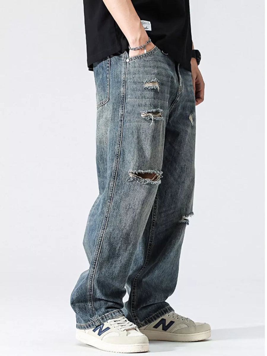 Men's Distressed Loose Fit Jeans in Blue