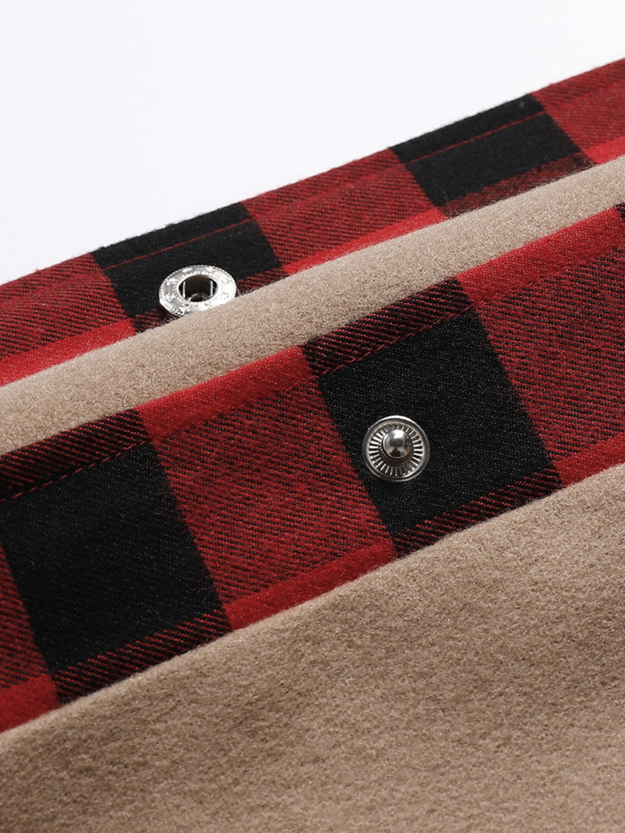 Plaid trimmed casual jacket in taupe with red and black buffalo check accents and silver snaps.