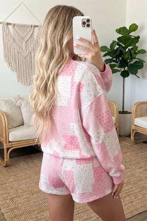 white pajama set featuring drawstring and patchwork
