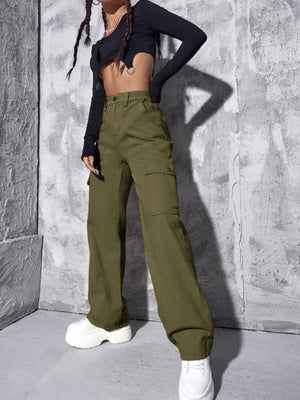 white cargo jeans with full-length and button-front