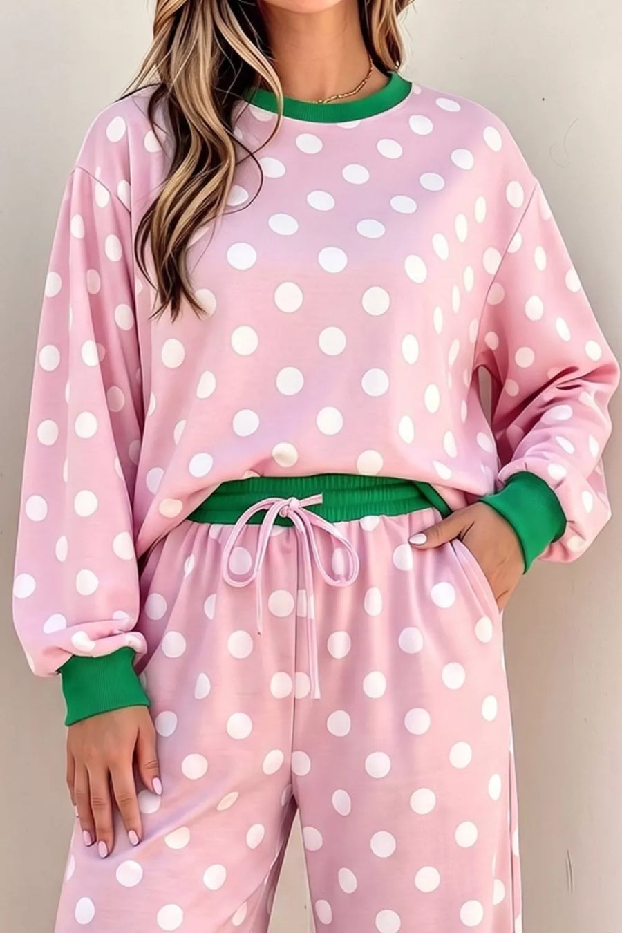 95% polyester, 5% elastane Care instructions: Machine wash cold pajama set in kelly green with relaxed silhouette