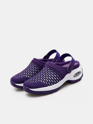 Violet air cushion mesh slingback clogs with white soles and adjustable heel straps.