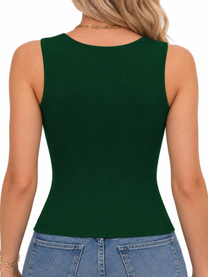 Square Neck Slim-Fit Tank in Khaki with ribbed