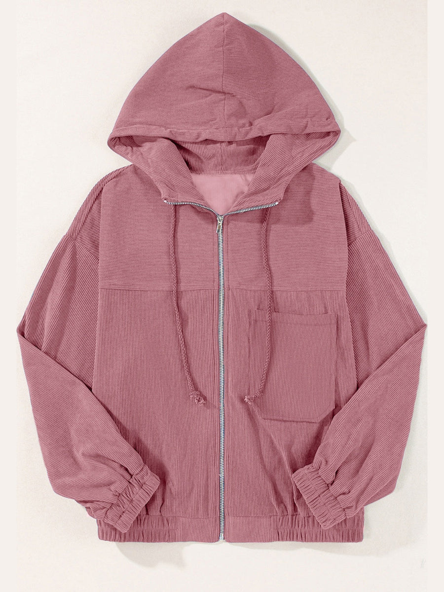 Dusty Pink corduroy relaxed fit zip-up hoodie with drawstring hood and chest pocket.