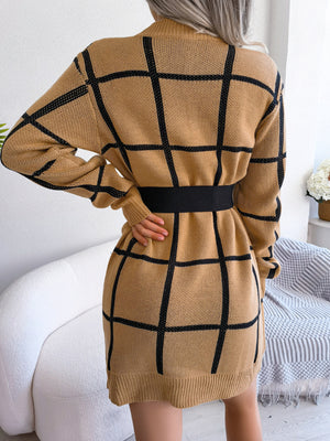 Camel sweater dress featuring stretch and plaid