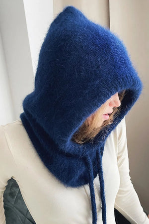 Dark blue hooded knit balaclava with drawstring detail