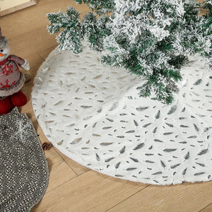 White feather print Christmas tree skirt with plush texture