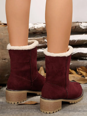 Burgundy suede ankle boots with sherpa trim and block heel.