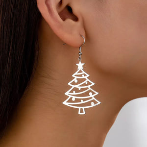 Festive Christmas tree dangle earrings, 18K gold-plated, with star and ornaments.
