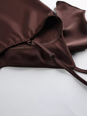 Ruffle V-neck Cami And Wide-leg Pants Set in Brown with ruffled