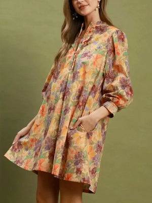 Floral A-line dress with mini and half-button