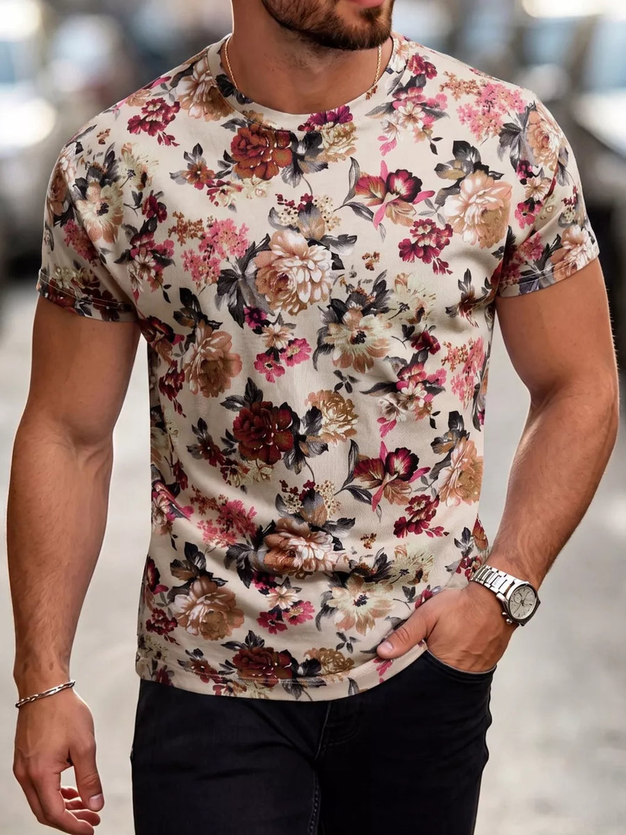 light beige t-shirt with floral and crew neck