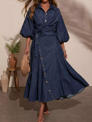 classic wrap dress in Light Blue with collared