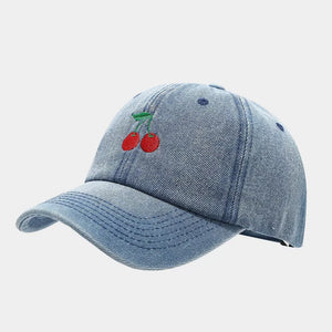 Cherry Embroidery Baseball Cap in Denim Light Blue with embroidered detail