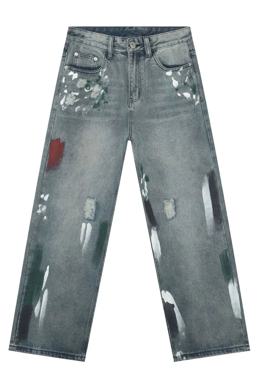 Ink-Blot Wide Leg Denim jeans in medium wash feature abstract paint splatters and distressed details.