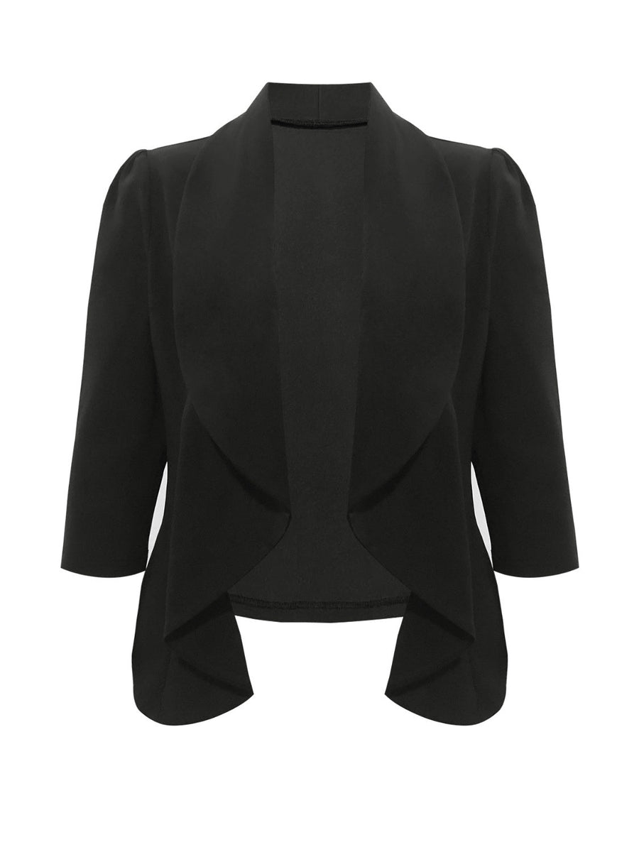Black drape-front blazer with sculpted silhouette and 3/4 sleeves.
