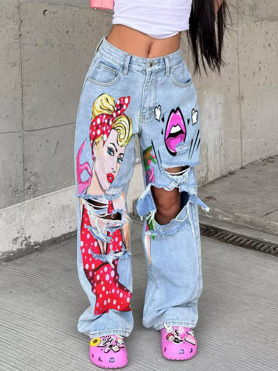 light blue wide-leg jeans with art print and not applicable