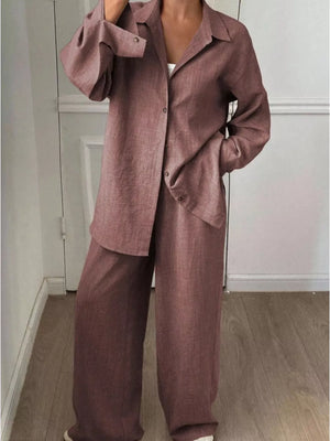 light beige two-piece set with hip-length and button-front