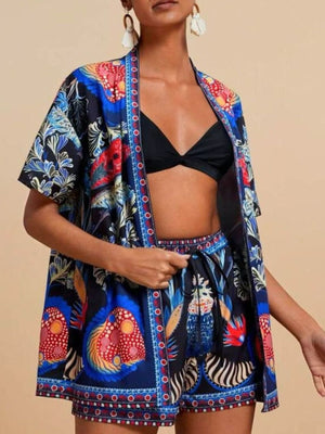 Navy tropical print cardigan and drawstring shorts set with tassel detail