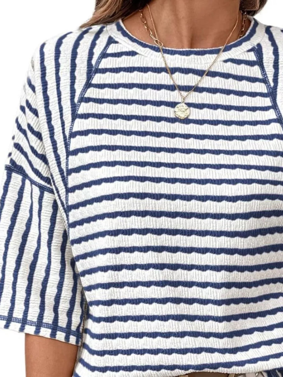 Casual Striped Raglan Sleeve T-shirt in Navy Blue