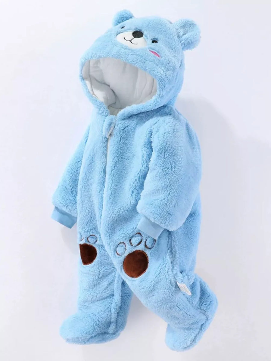 Pastel Blue fleece bear hooded one-piece snowsuit with paw details.