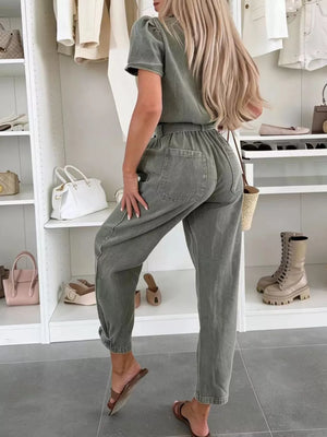 Vintage Wash Short Sleeve Denim Jumpsuit in Olive Green with buttoned