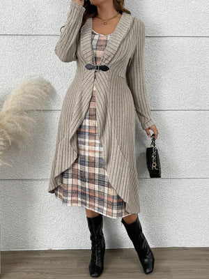 taupe midi dress with plaid and round neck